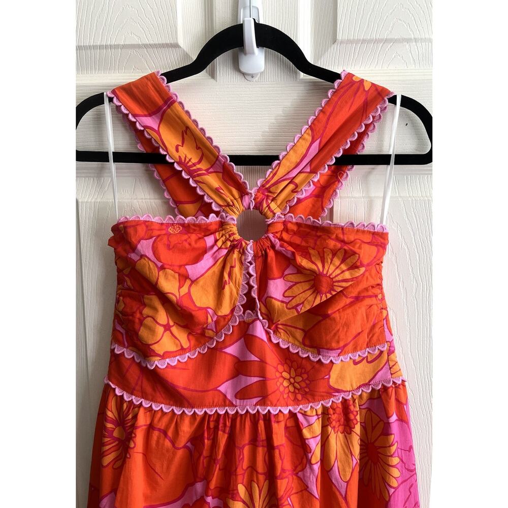 J. MARIE Lizzie Tropical Orange Pink Floral Ric Rac Cross Halter Midi Dress XL - Picture 4 of 15